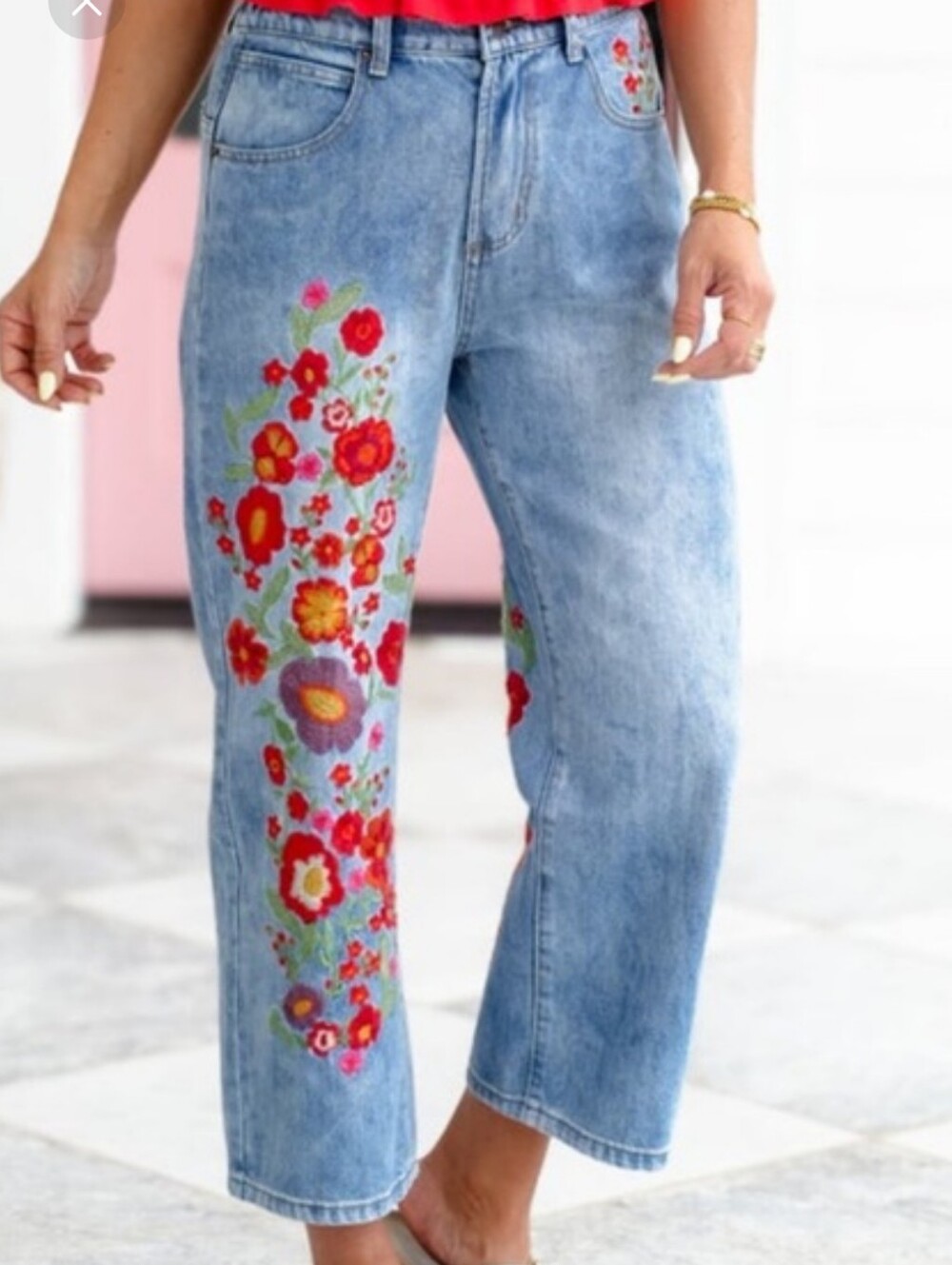 Oh Light Blue Wide-Leg Jeans with Bright Floral Embroidery